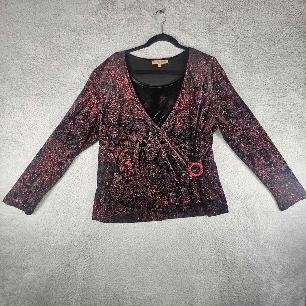 Velvet Top Womens XL Black Red Sparkle Burnout Cross Buckle Festive Career Wear
